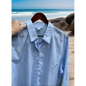 Old Navy Embellished Cropped Shirt Button-up LS Collared Jeweled Blue Size XL